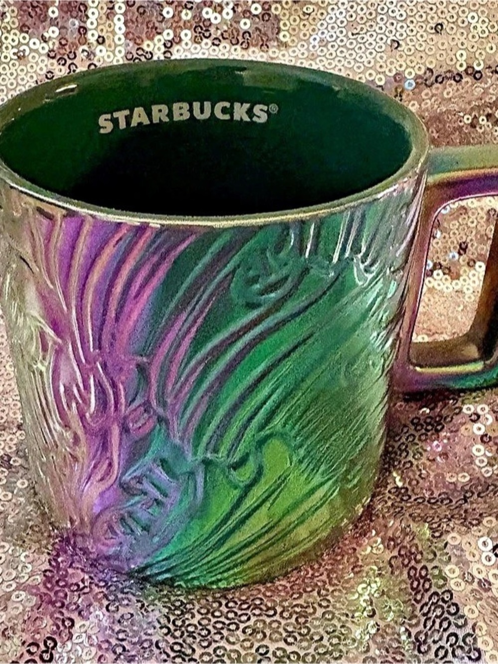 Starbucks Anniversary Siren Mermaid Tail Iridescent Green Ceramic Mug Green &